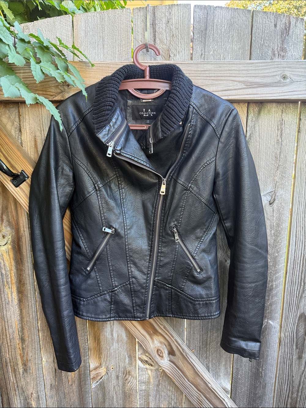 Coalition LA Knit Collared Faux Leather Crop Jacket